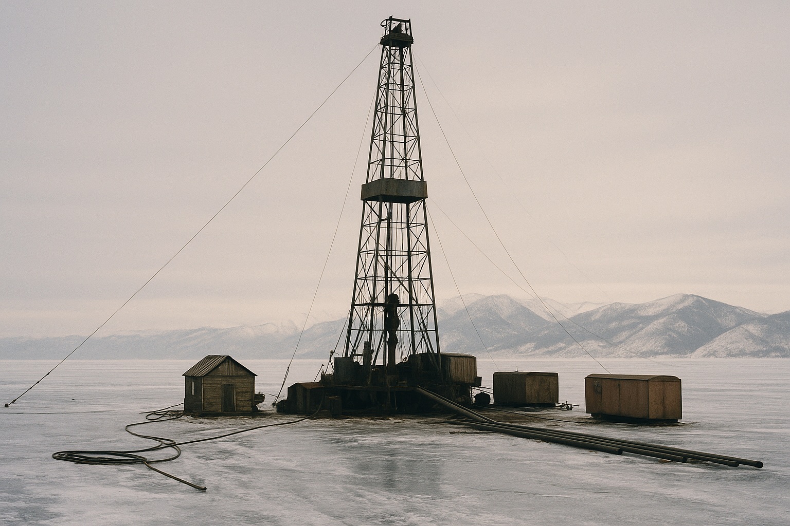 Stählerner Bohrturm mit einigen Hütten und Containern auf dem zugefrorenen See, ferne verschneite Berge