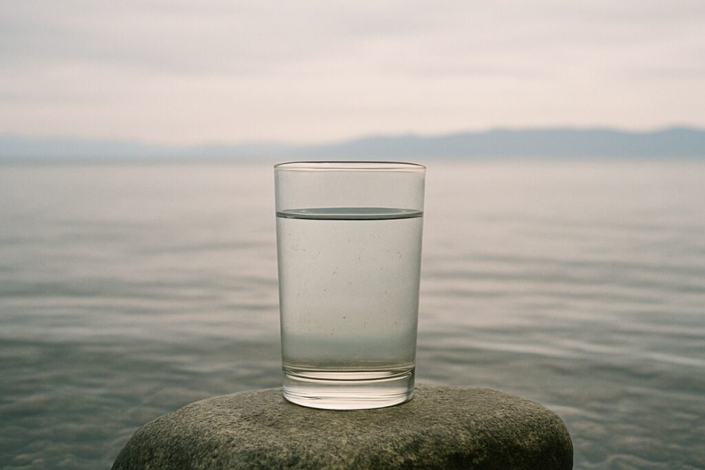 Ein Glas mit Seewasser steht auf einem flachen Stein am Ufer, dahinter der ruhige See