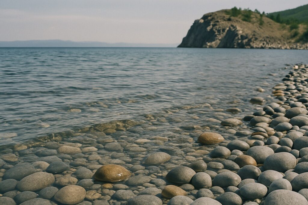 Runde graue und ockerfarbene Steine unter glasklarem Flachwasser an einem Kiesstrand