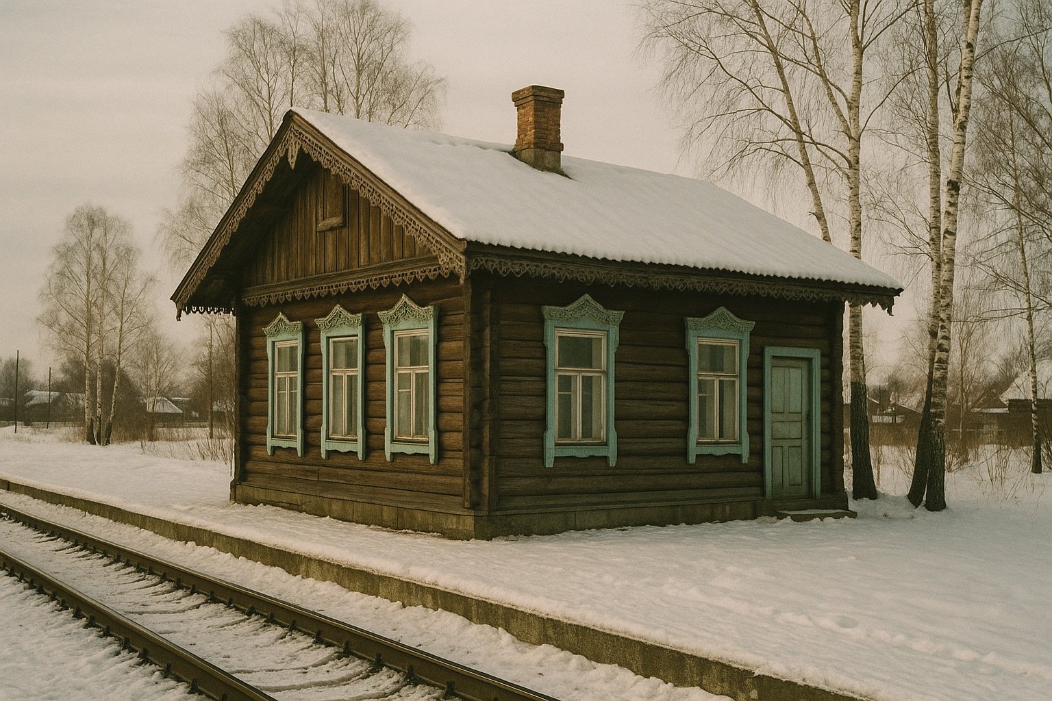 Kleines altes Bahnhofsgebäude aus Holz mit geschnitzten Traufen in einem sibirischen Dorf im Winter