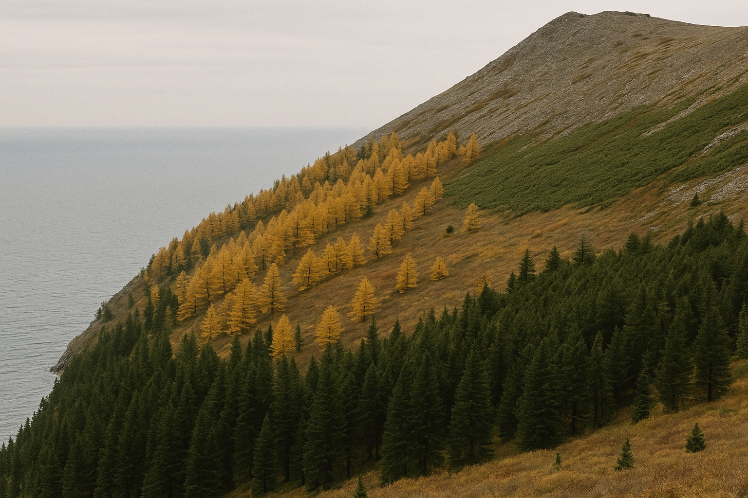 Berghang über dem See mit dunkler Taiga unten, goldenen Lärchen darüber und Zwergkiefern und Fels oben