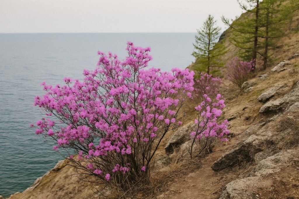 Blühender Rhododendron mit rosavioletten Blüten an einem Felshang über dem See