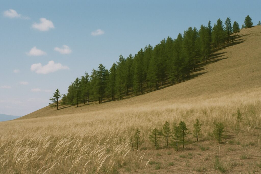 Federgras-Steppe im Vordergrund, dahinter beginnt am Hang ein lichter Lärchenwald
