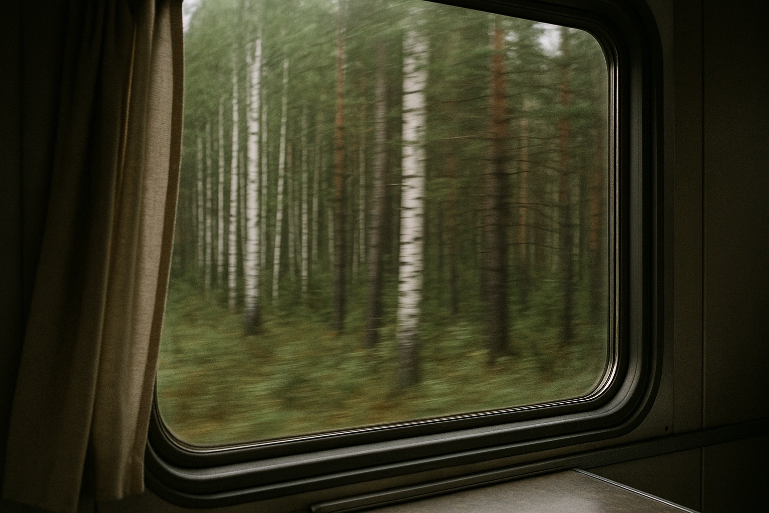 Blick durch das Fenster eines Zugabteils auf vorbeiziehende Taiga mit Birken, vorne Vorhang und Fensterrahmen