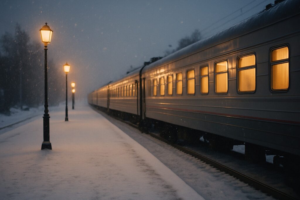 Reisezug mit erleuchteten Fenstern am Bahnsteig eines kleinen sibirischen Bahnhofs an einem verschneiten Abend
