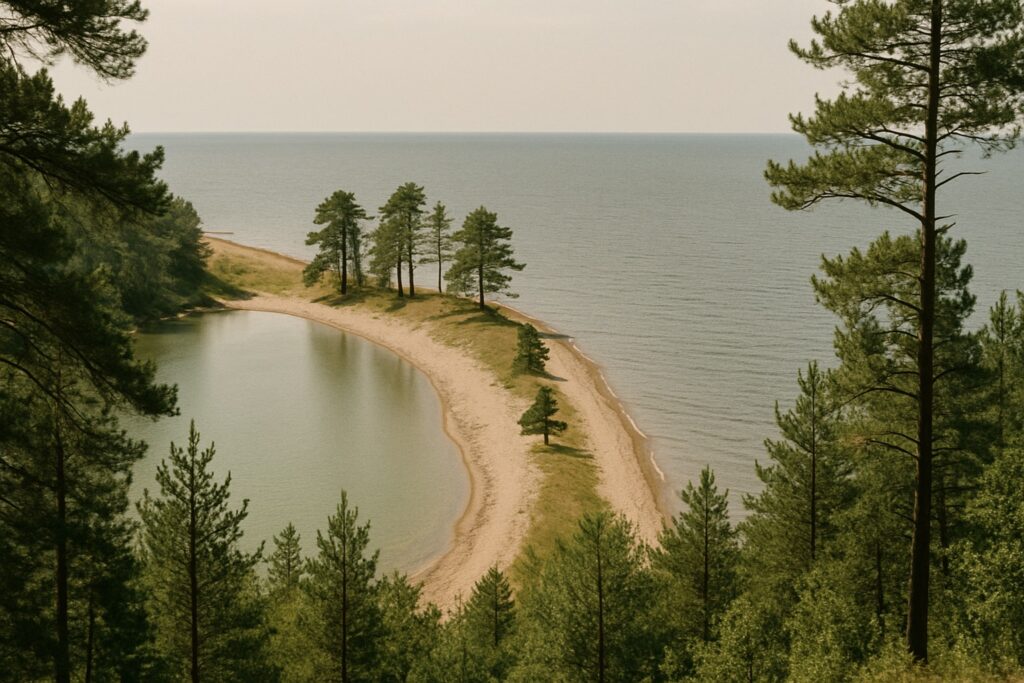 Lange, schmale Sandzunge mit Kiefern zwischen einer flachen Bucht und dem offenen See