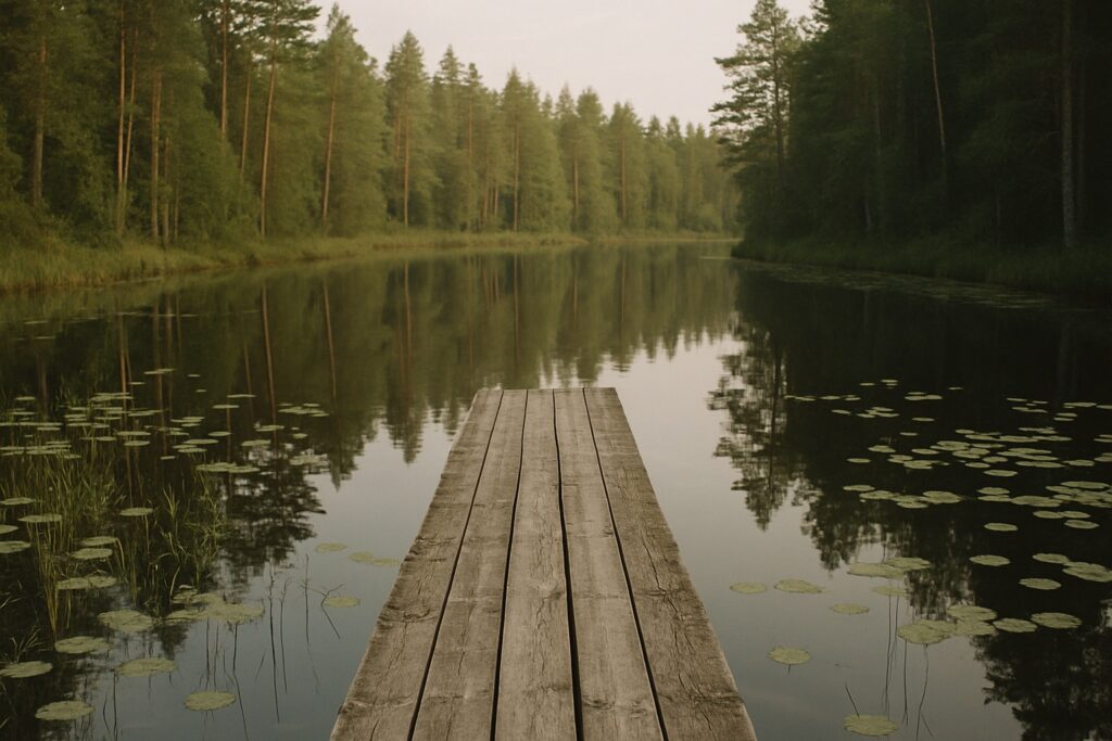 Einfacher Holzsteg in eine stille Nebenbucht mit Seerosenblättern am Morgen