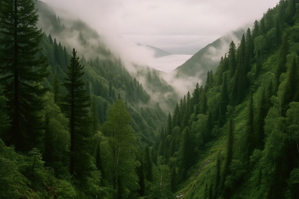 Dichter Bergwald mit Wolken in den Tälern, in der Tiefe der See