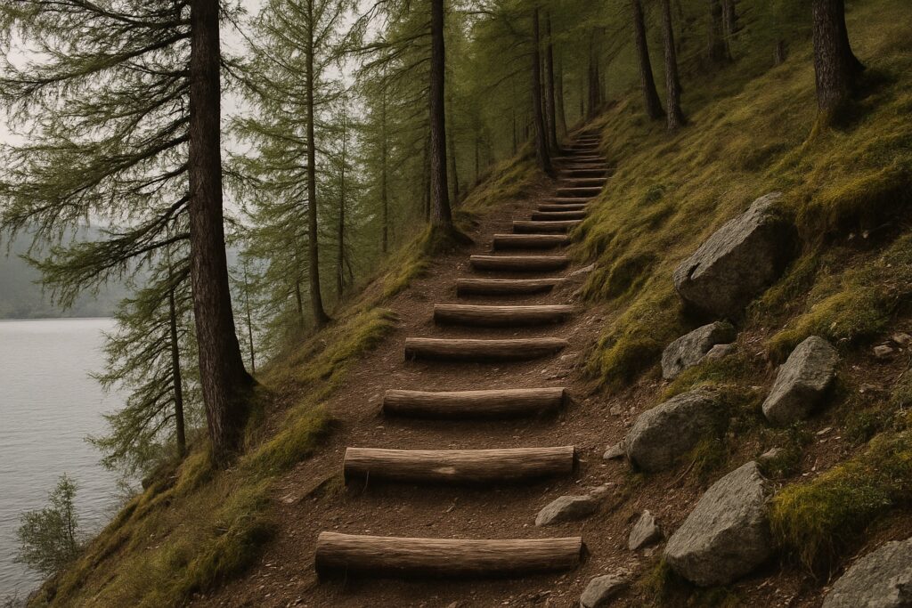 Grobe Holzstufen eines Wanderwegs an einem steilen, bewaldeten Uferhang