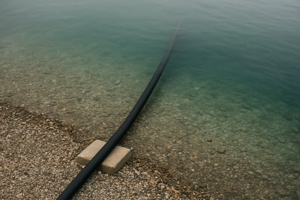 Schwarze Wasserentnahme-Leitung, die vom Kiesufer in klares Wasser und in die Tiefe führt