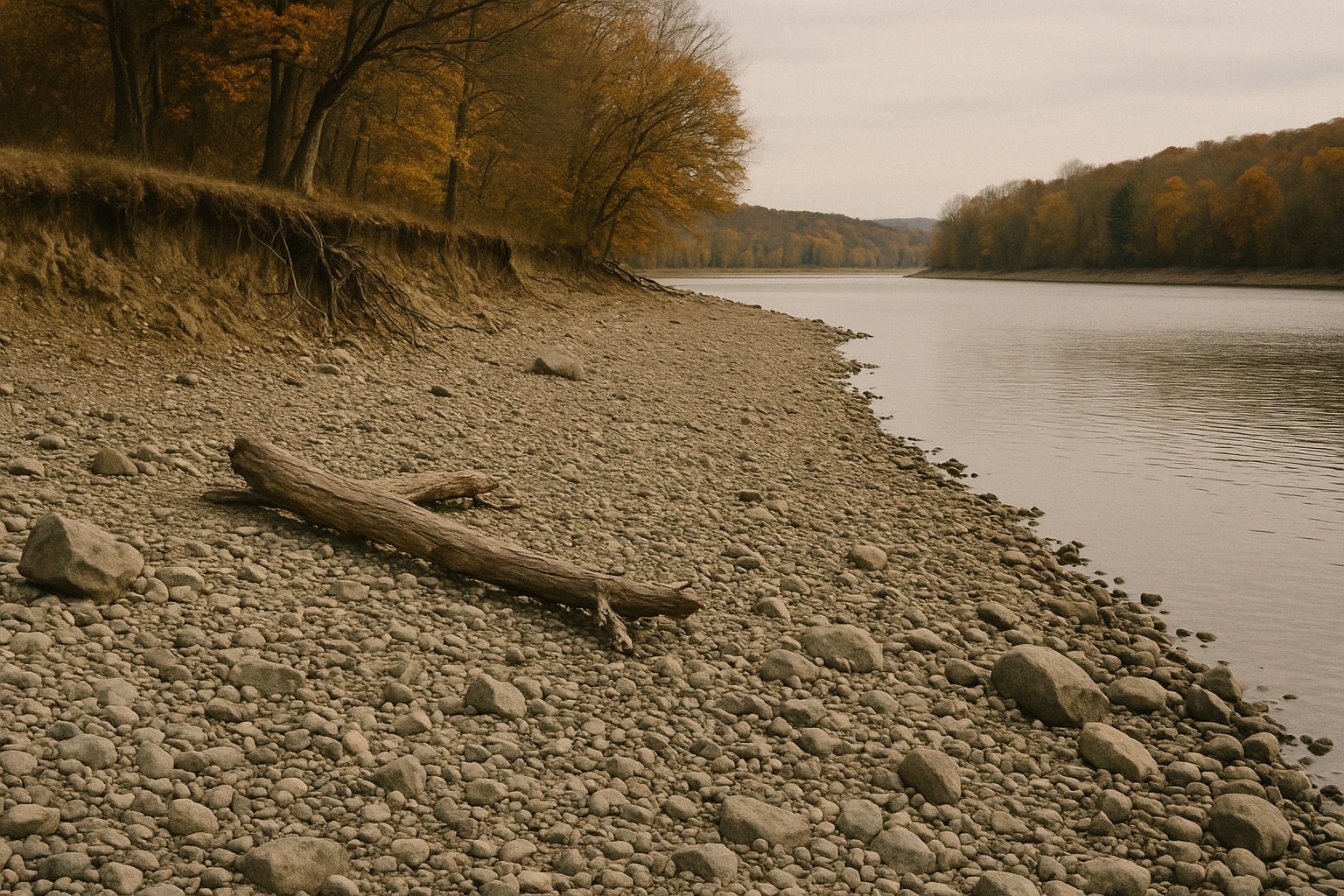 Breiter Streifen freiliegender Kiesel und Blöcke zwischen Wasser und einem abgebrochenen Erdufer mit freigelegten Wurzeln