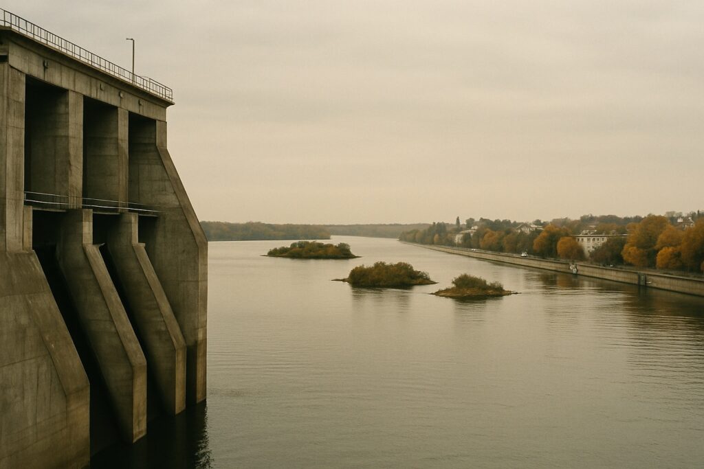 Breiter Fluss unterhalb einer großen Betonstaumauer, die nur am Bildrand zu sehen ist
