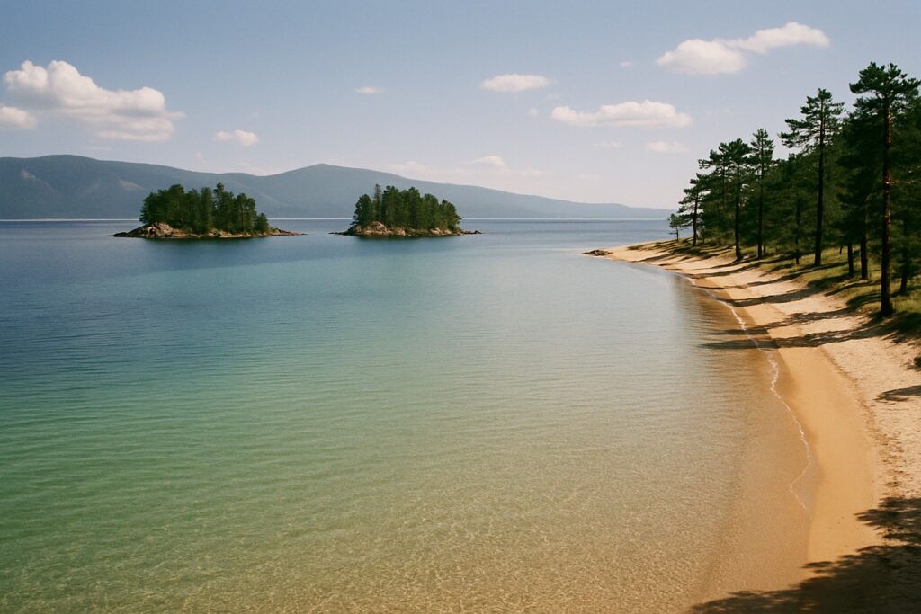 Flache Bucht mit klarem Wasser über hellem Sand, kleine bewaldete Inseln und ein Sandstrand mit Kiefern