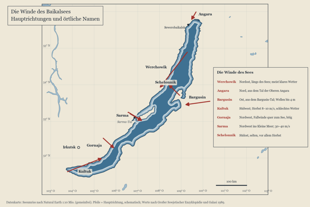 Karte des Baikalsees mit Pfeilen für Werchowik, Angara, Bargusin, Kultuk, Gornaja, Sarma und Schelonnik