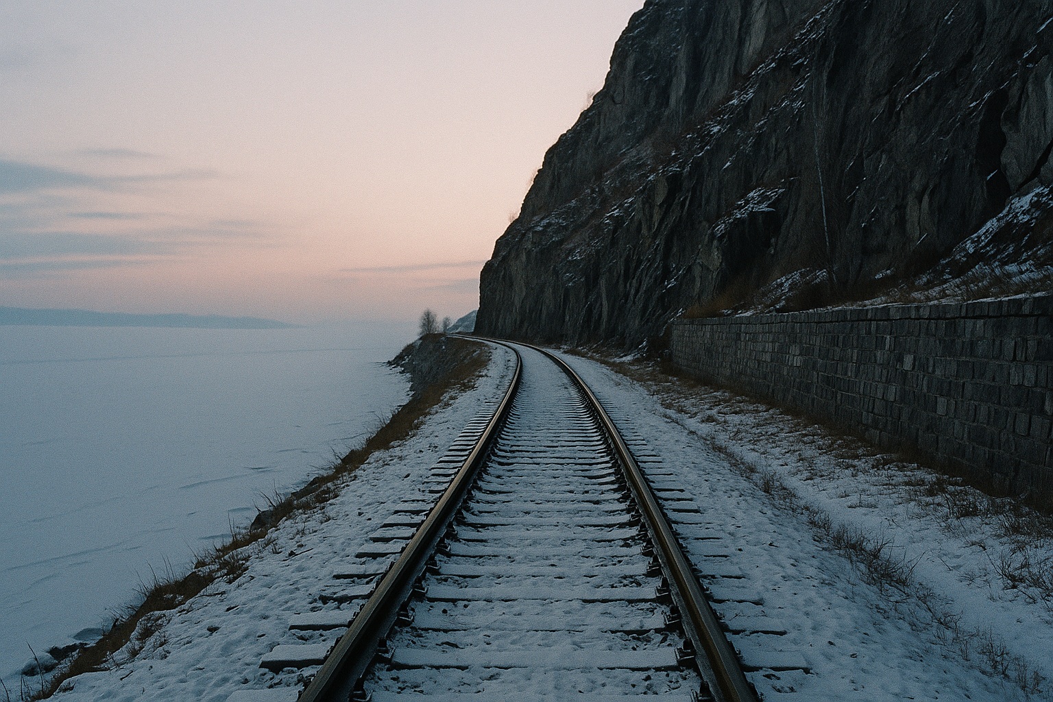 Eingleisige Bahnstrecke auf einer Stützmauer aus Naturstein am zugefrorenen Ufer in der Winterdämmerung